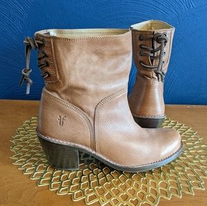 FRYE Carmen Back Lace Short Ankle Brown Leather Boot
